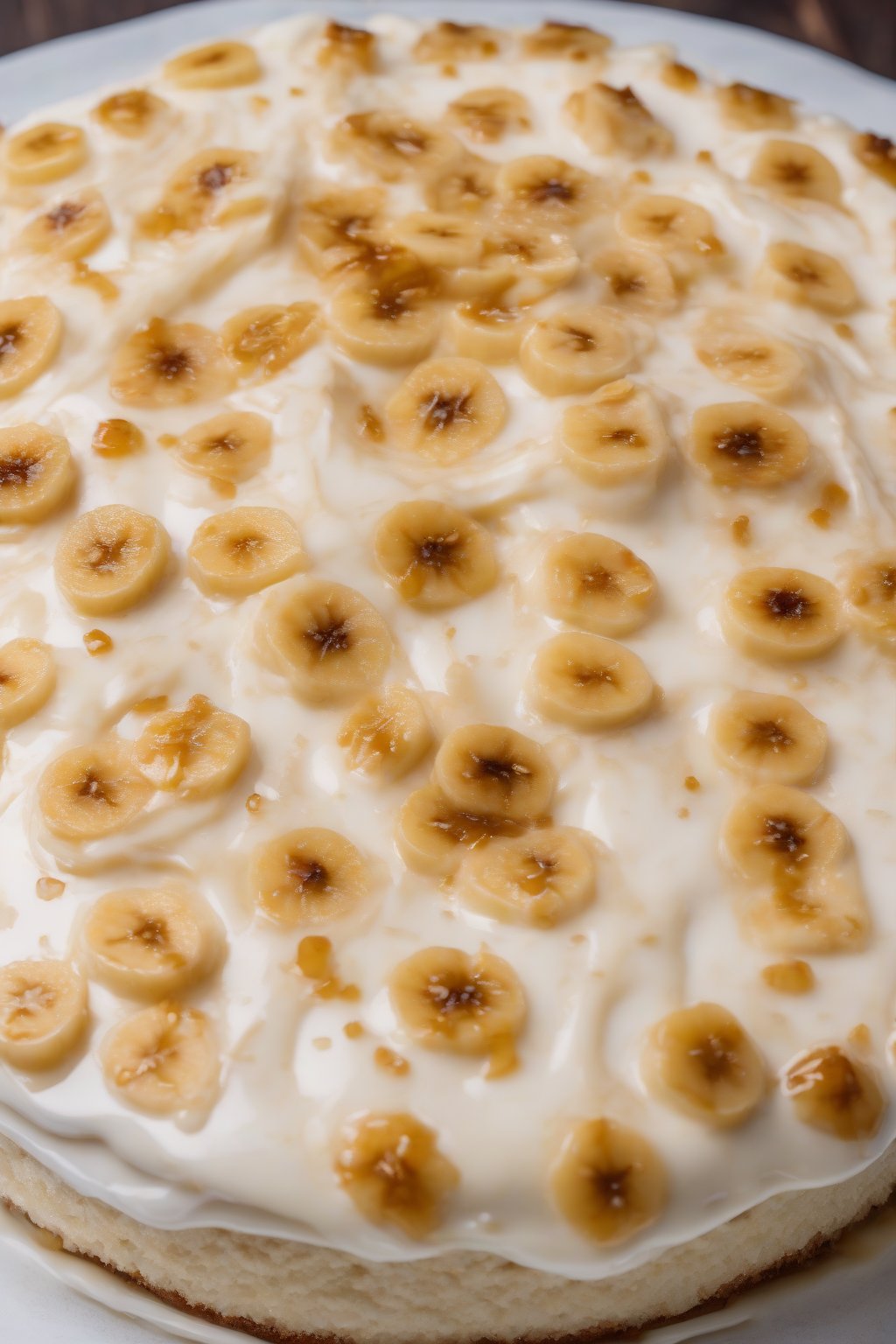 A high-resolution photo of banana tres leches cake showing moist crumb and caramelized banana topping, under soft lighting.