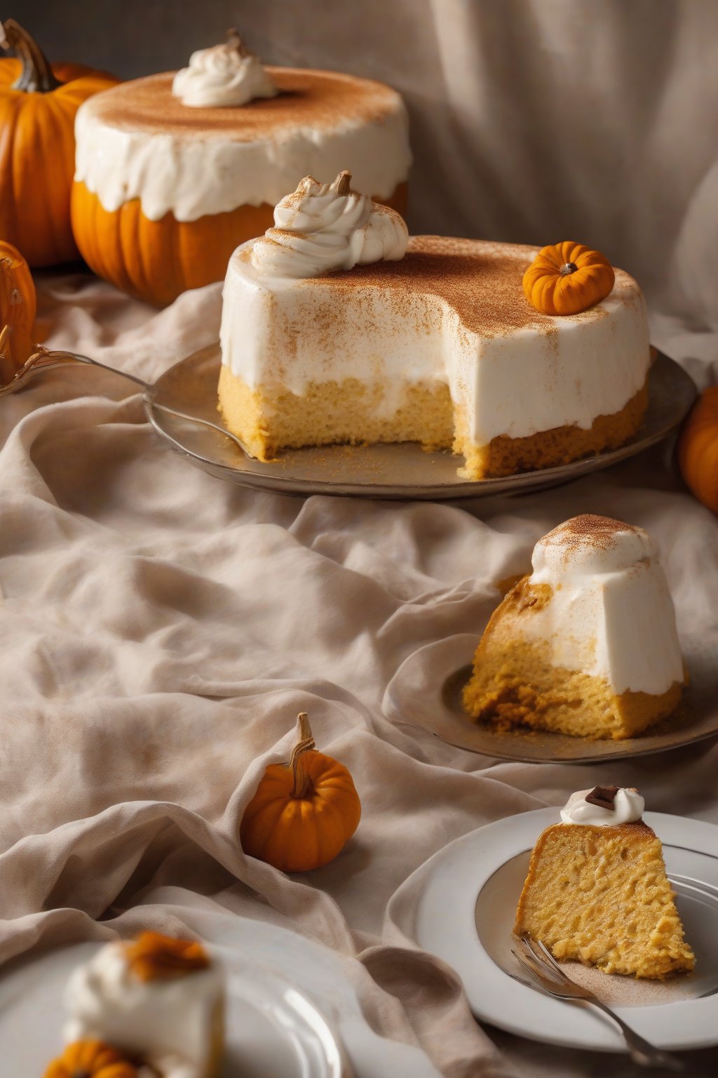 A high-resolution photo of pumpkin spice tres leches with warm orange hues and spice flecks, under soft lighting.