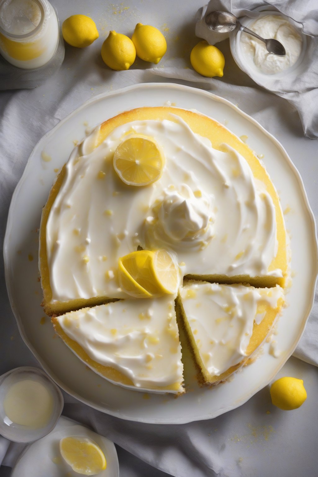 A high-resolution photo of lemon tres leches cake glistening with curd and zest, under soft lighting.