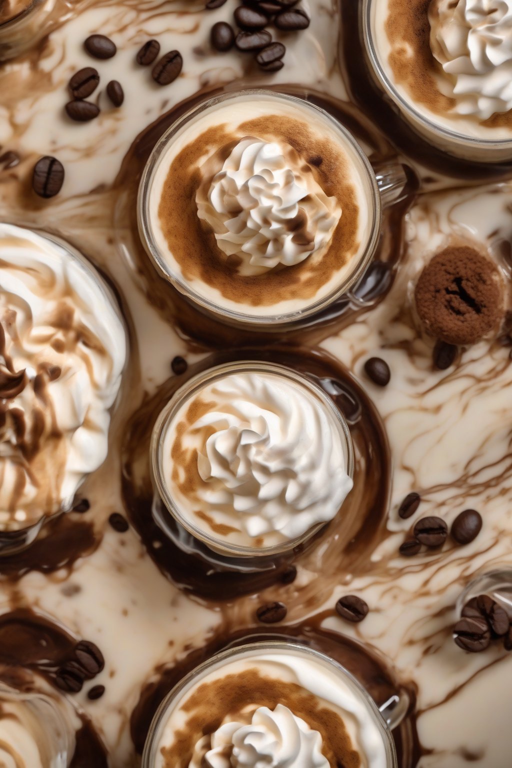 A high-resolution photo of coffee tres leches with dark swirls and foam-like cream, under soft lighting.