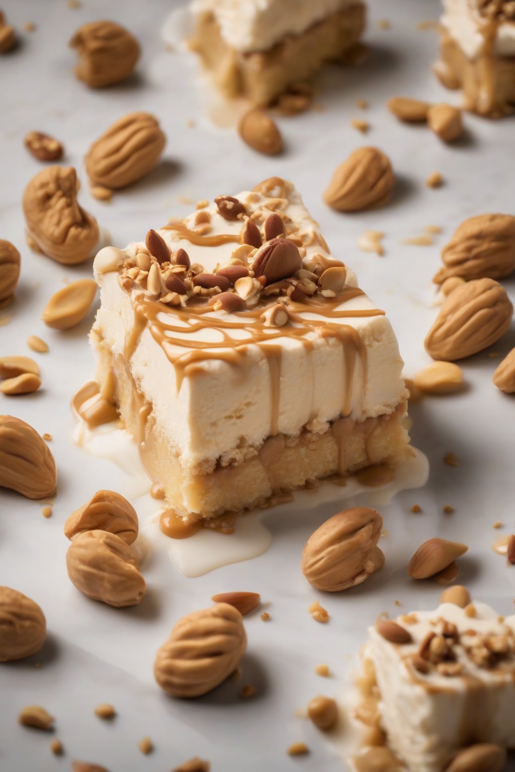A high-resolution photo of peanut butter tres leches oozing with filling and nut crunch, under soft lighting.