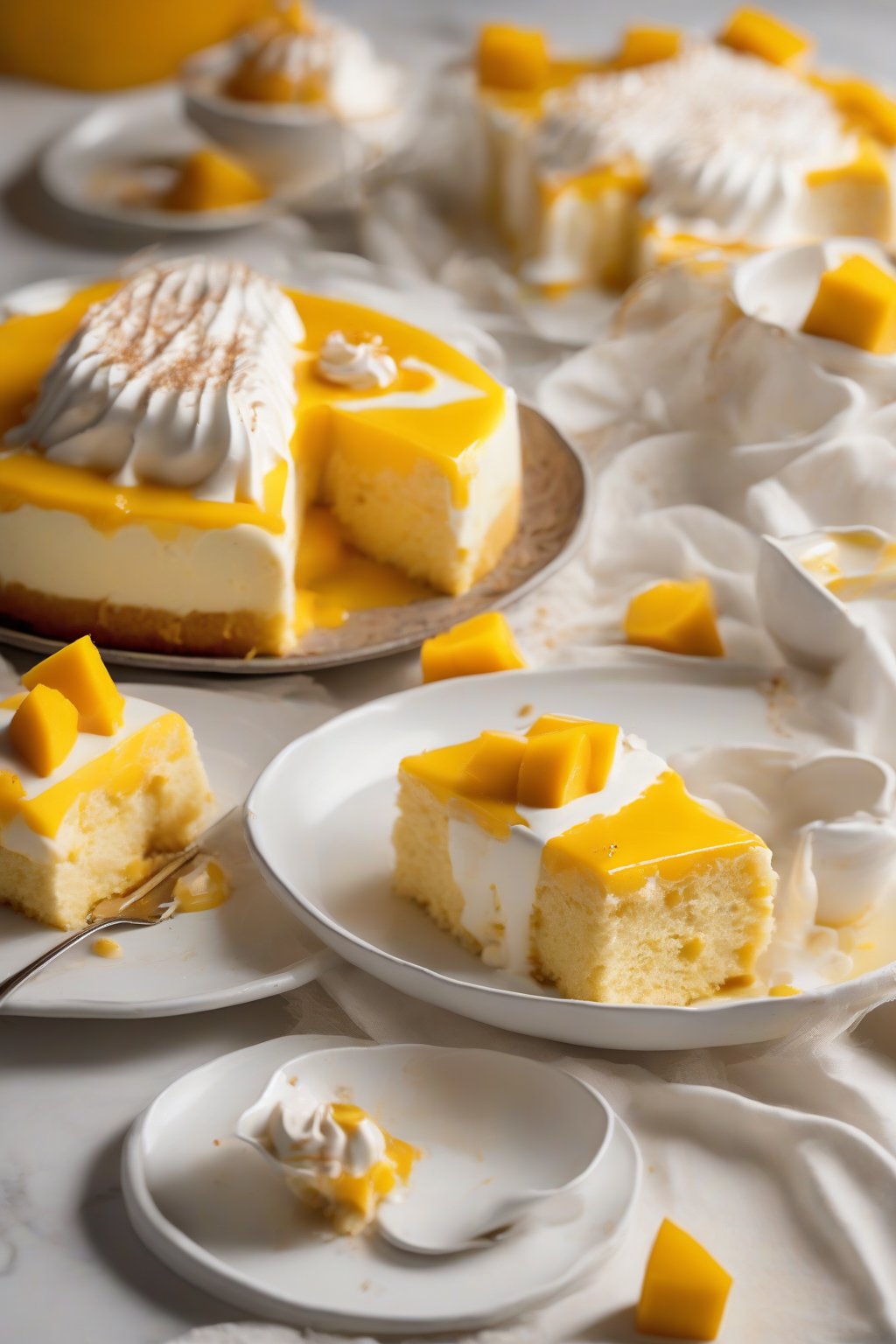 A high-resolution photo of mango tres leches with vibrant yellow chunks and glossy cream, under soft lighting.