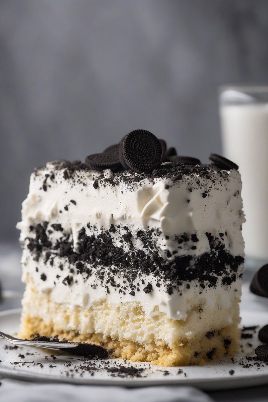 A high-resolution photo of Oreo tres leches cake with black-white cookie layers and crumbs, under soft lighting.