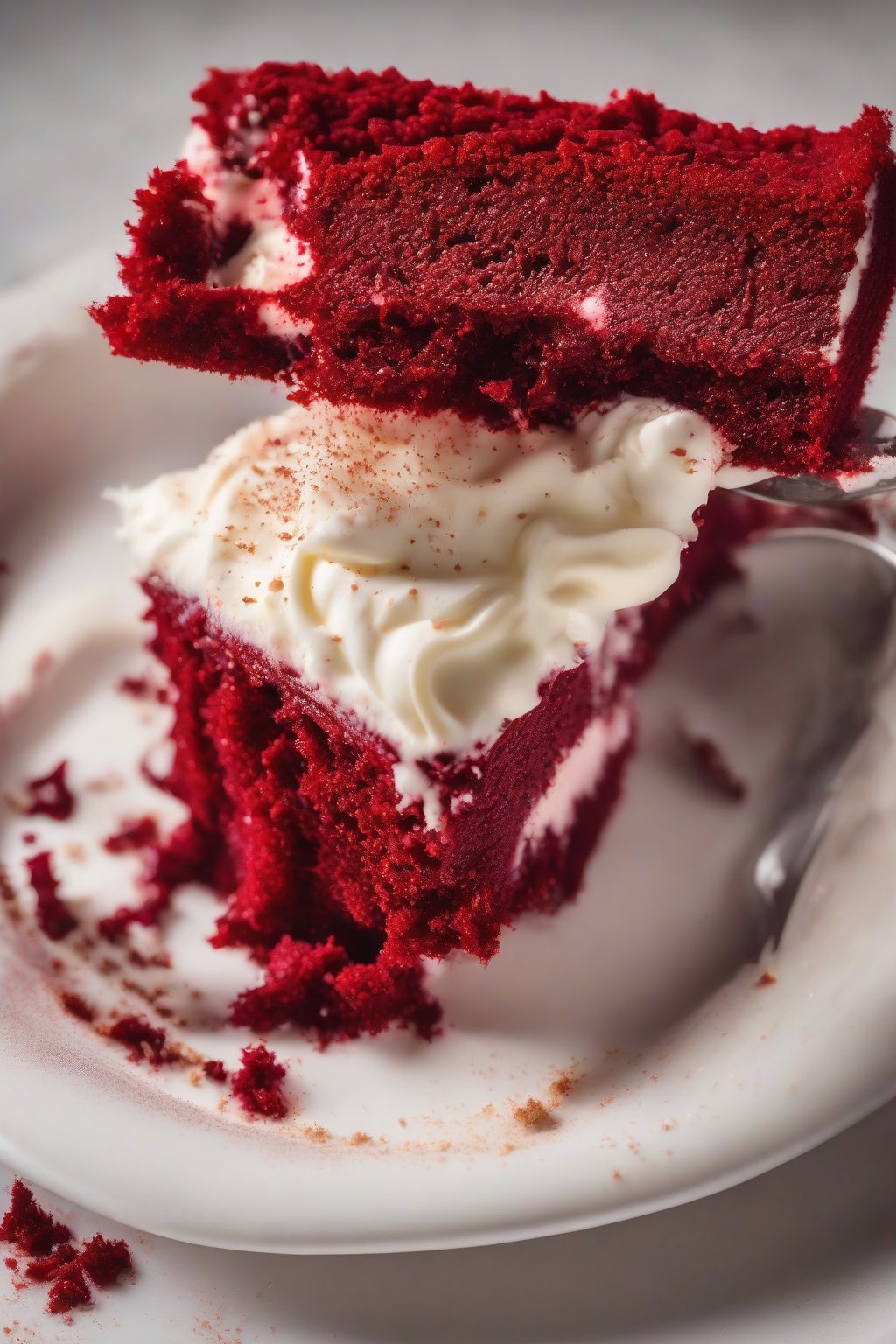 A high-resolution photo of red velvet tres leches slice revealing crimson crumb soaked in milk, under soft lighting.