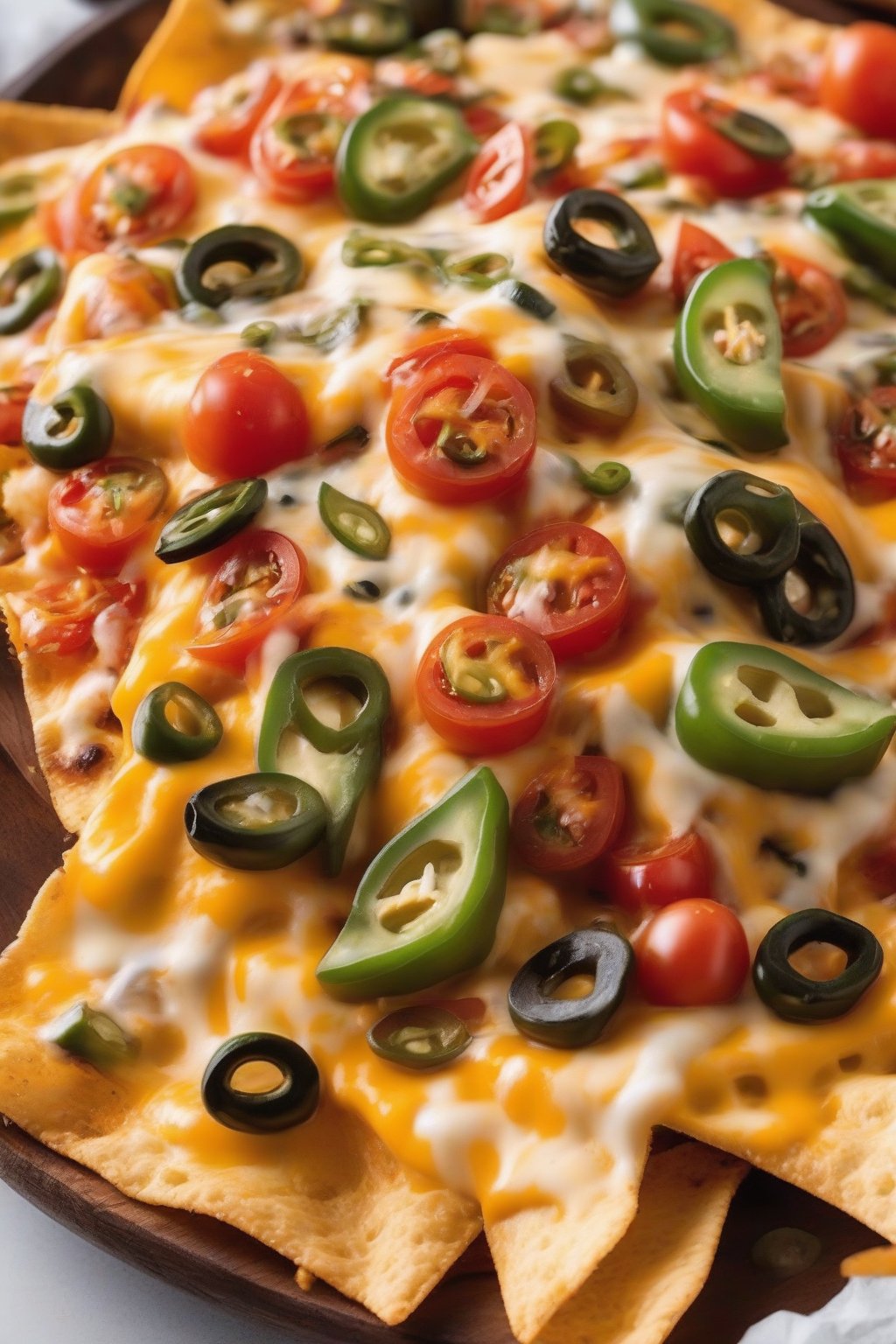 A close-up photo of gooey classic cheese nachos topped with melted cheddar, tomatoes, and jalapeños under soft lighting.