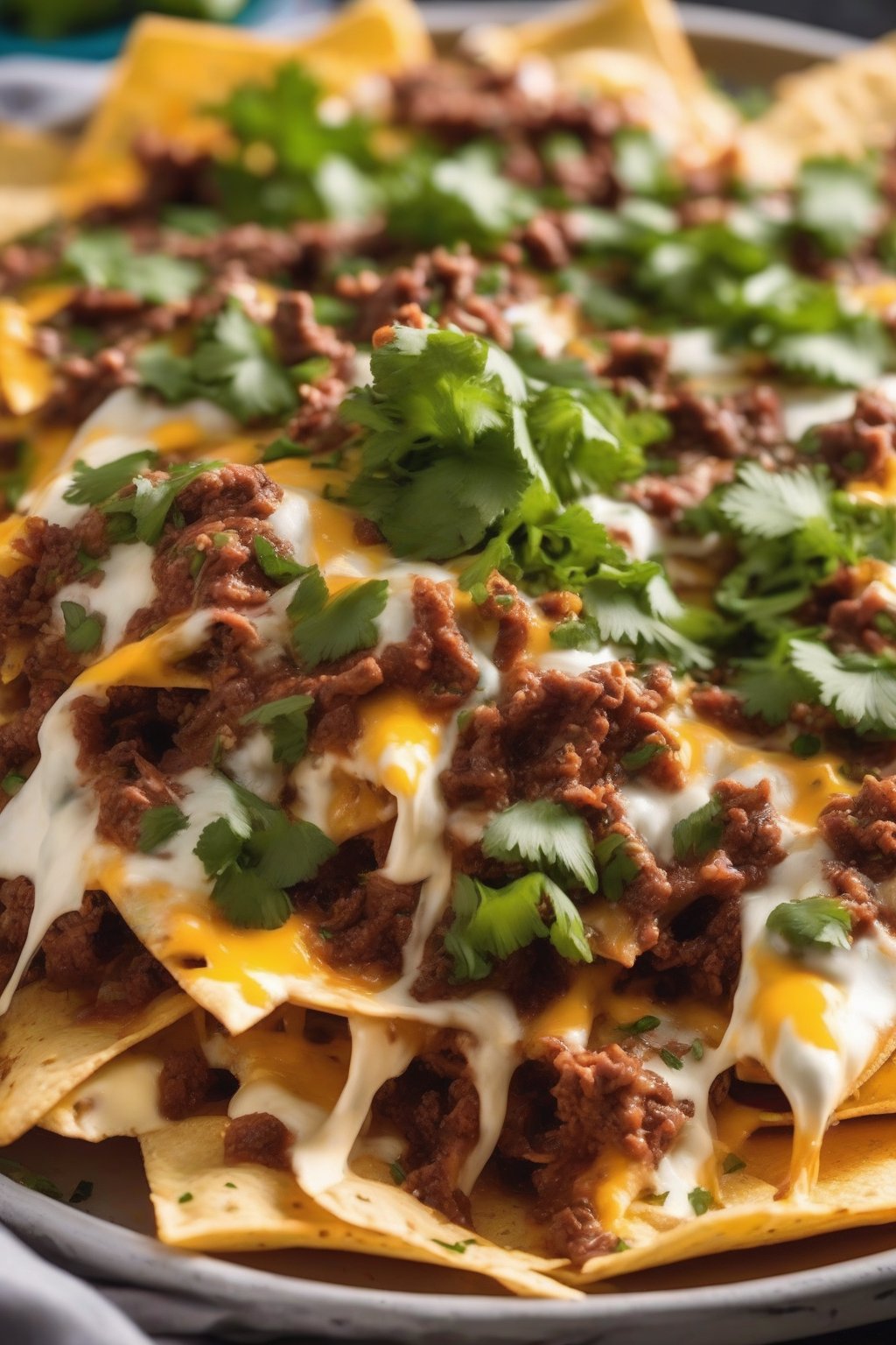 A close-up photo of spicy beef nachos with crumbled meat, melted cheese, and fresh cilantro under soft lighting.