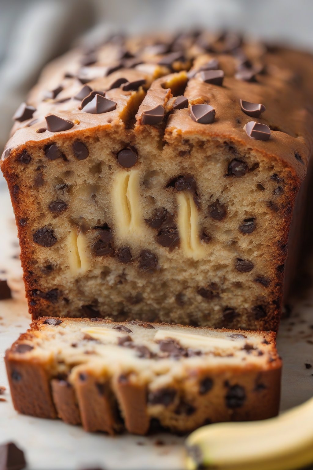 A high-resolution close-up photo of chocolate chip moist banana cake loaf sliced open, oozing chips, under soft lighting.