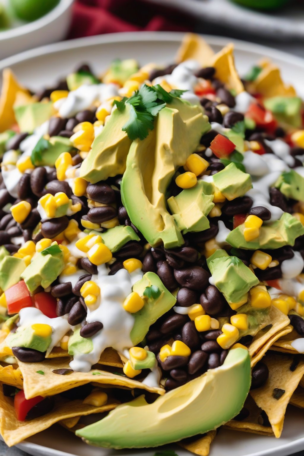 A close-up photo of black bean nachos piled with avocado, corn, and crumbled queso under soft lighting.