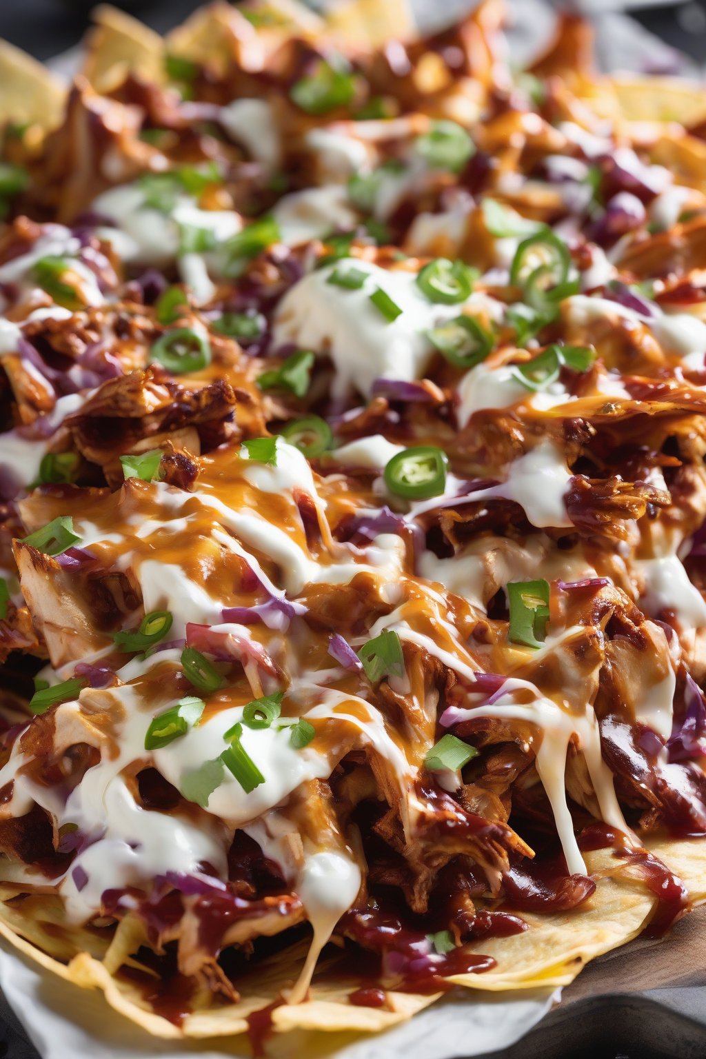 A close-up photo of BBQ chicken nachos with saucy shredded meat, melted mozzarella, and coleslaw under soft lighting.
