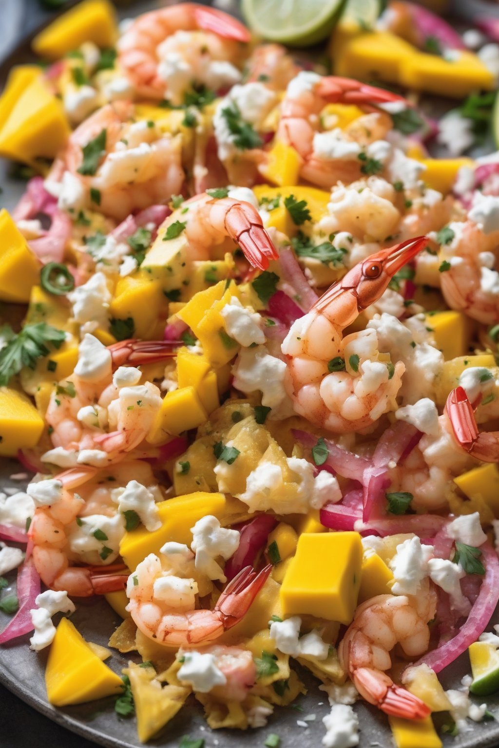 A close-up photo of garlic shrimp nachos featuring pink shrimp, cotija cheese, and mango chunks under soft lighting.