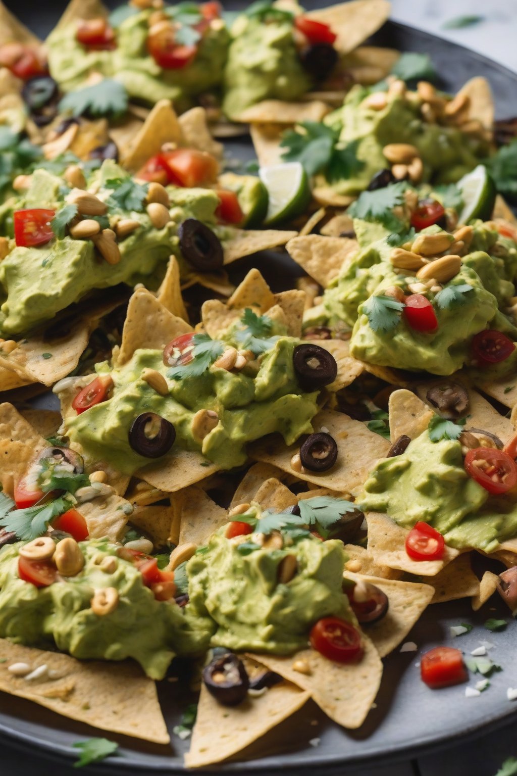 A close-up photo of vegan avocado nachos smothered in green guac and cashew cheese under soft lighting.