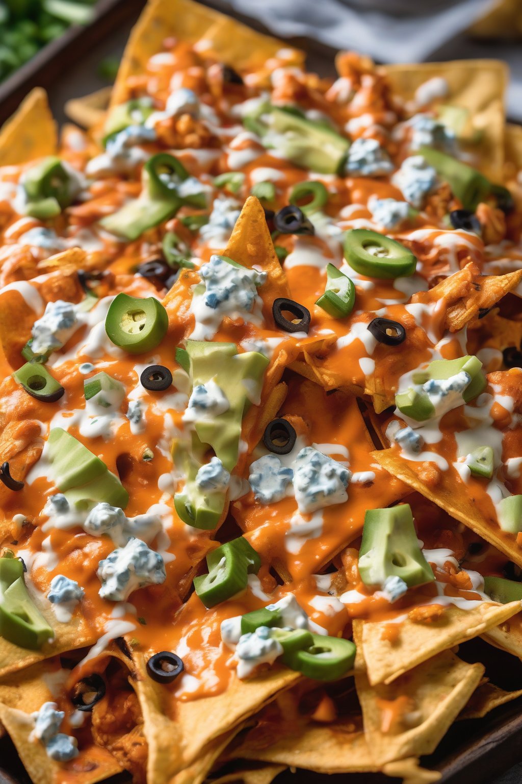 A close-up photo of buffalo chicken nachos with fiery sauce, blue cheese, and veggie bits under soft lighting.