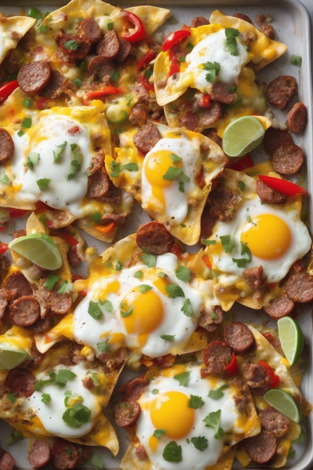 A close-up photo of breakfast egg nachos with runny yolks, sausage, and peppers under soft lighting.