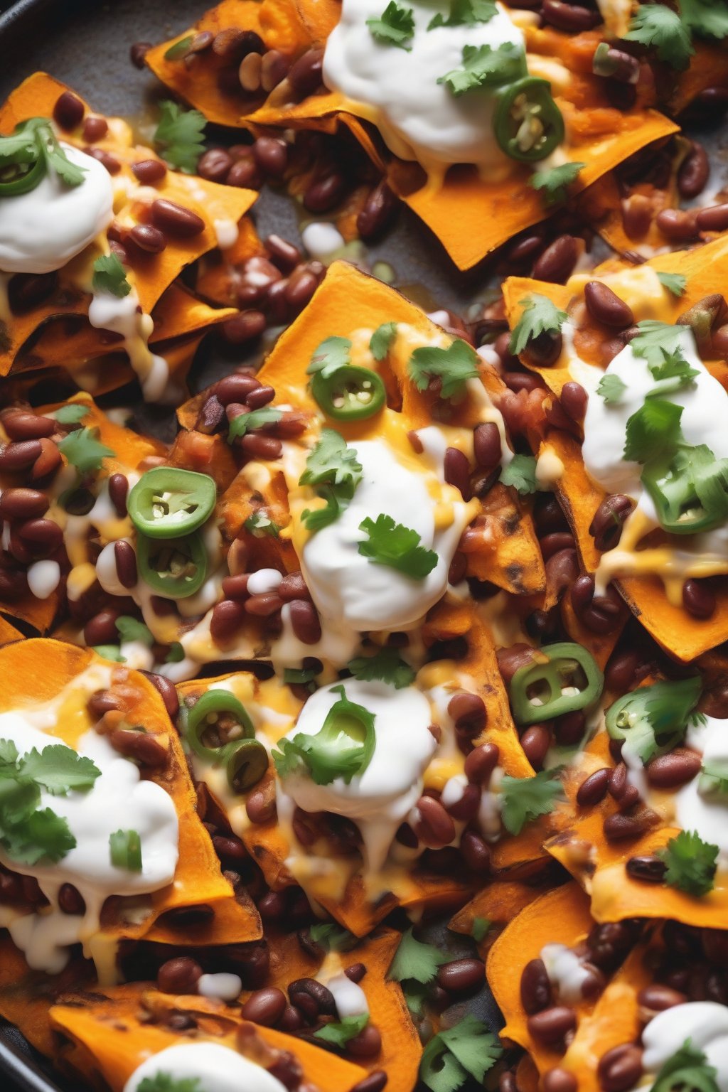 A close-up photo of sweet potato nachos layered with beans and melted cheese under soft lighting.
