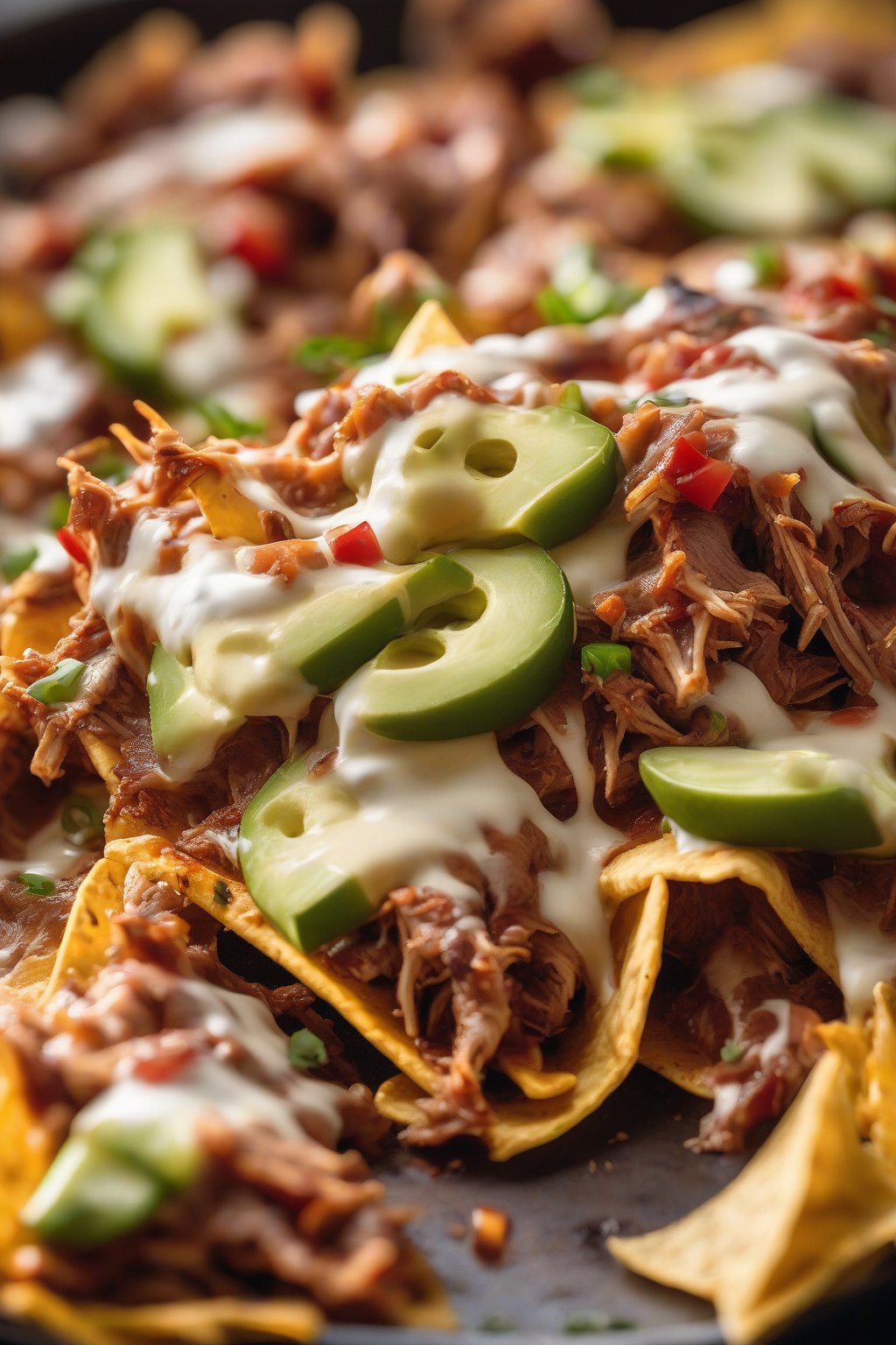 A close-up photo of pulled pork nachos with saucy meat and pepper jack under soft lighting.