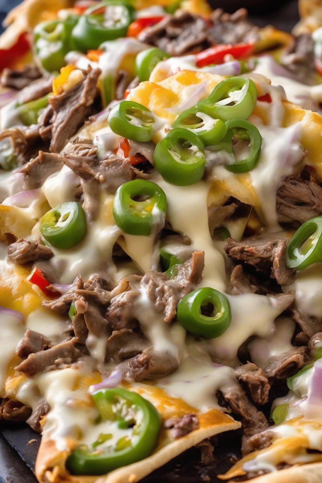 A close-up photo of Philly cheesesteak nachos with steak, peppers, onions, and provolone under soft lighting.