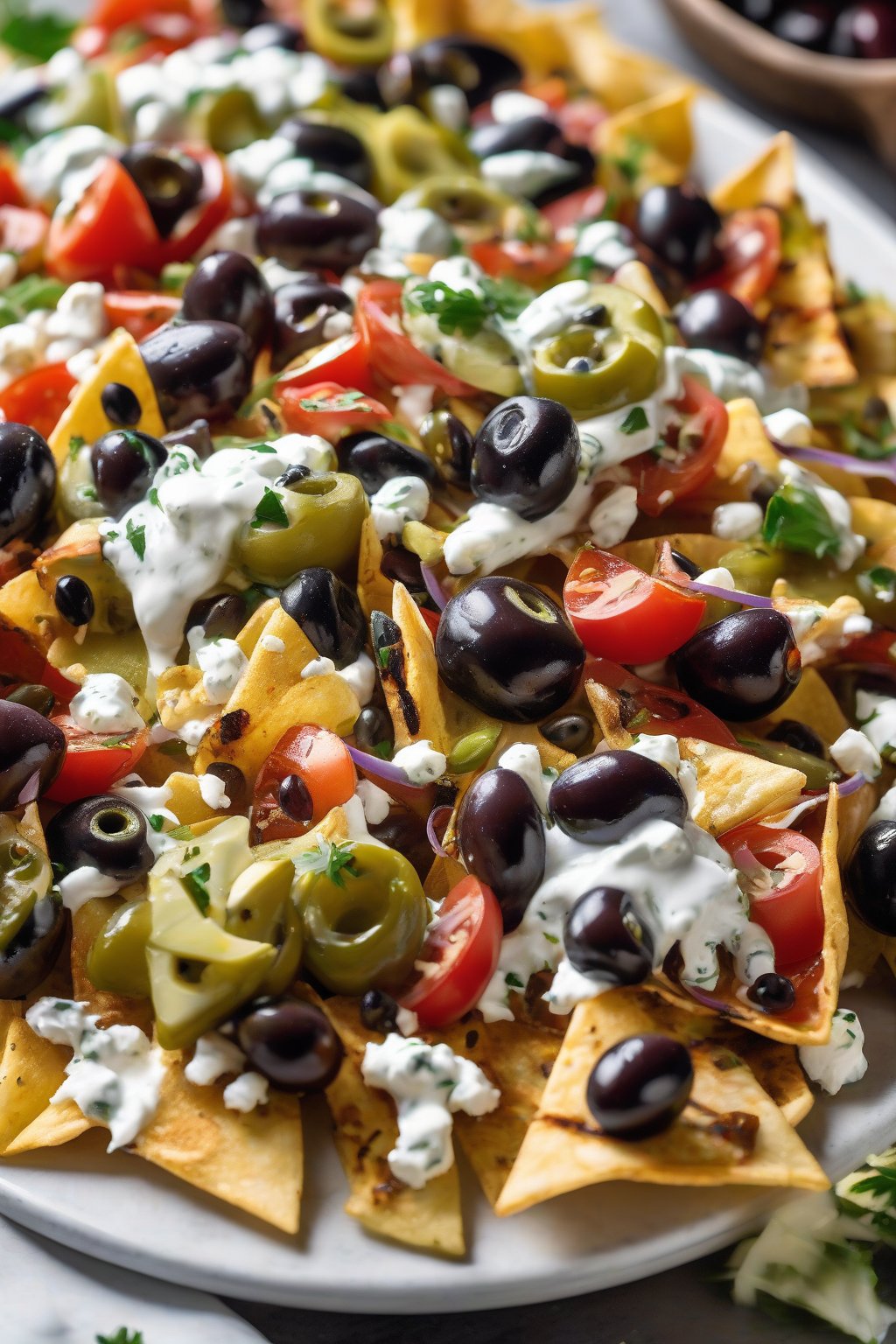 A close-up photo of Mediterranean nachos with feta, olives, and tzatziki drizzles under soft lighting.
