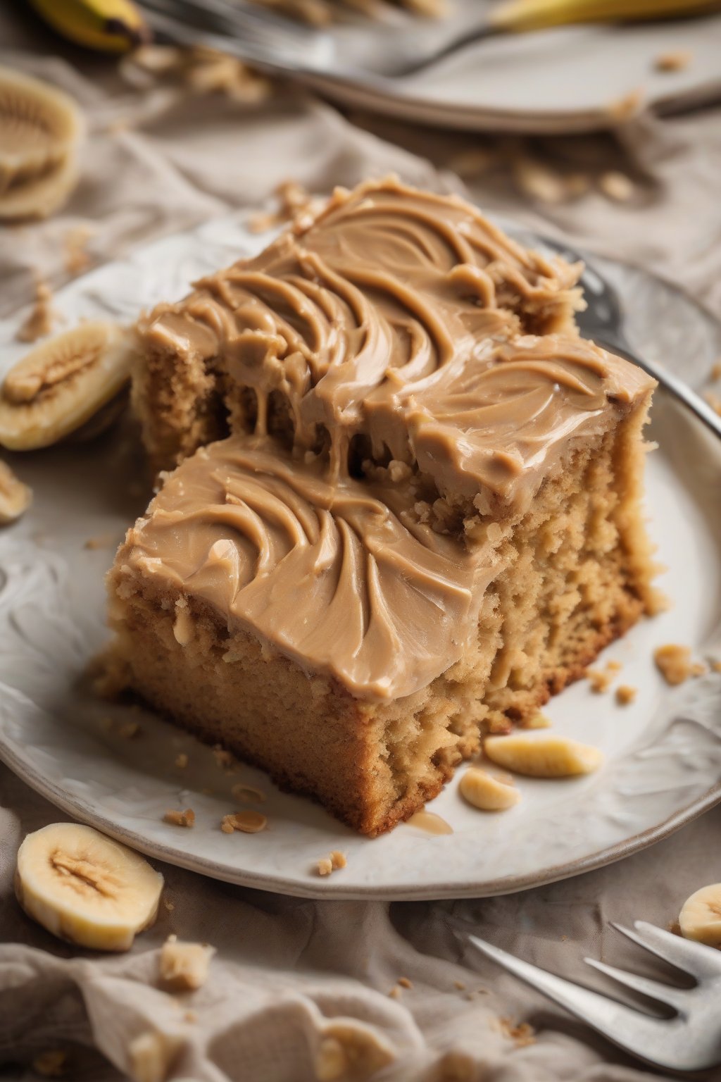 A high-resolution close-up photo of peanut butter moist banana cake with swirled topping, fork cutting a moist piece, under soft lighting.