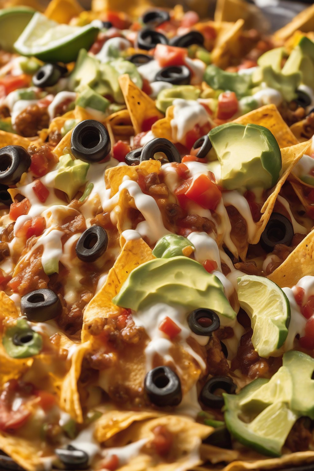 A close-up photo of supreme nachos overflowing with toppings and cheese under soft lighting.