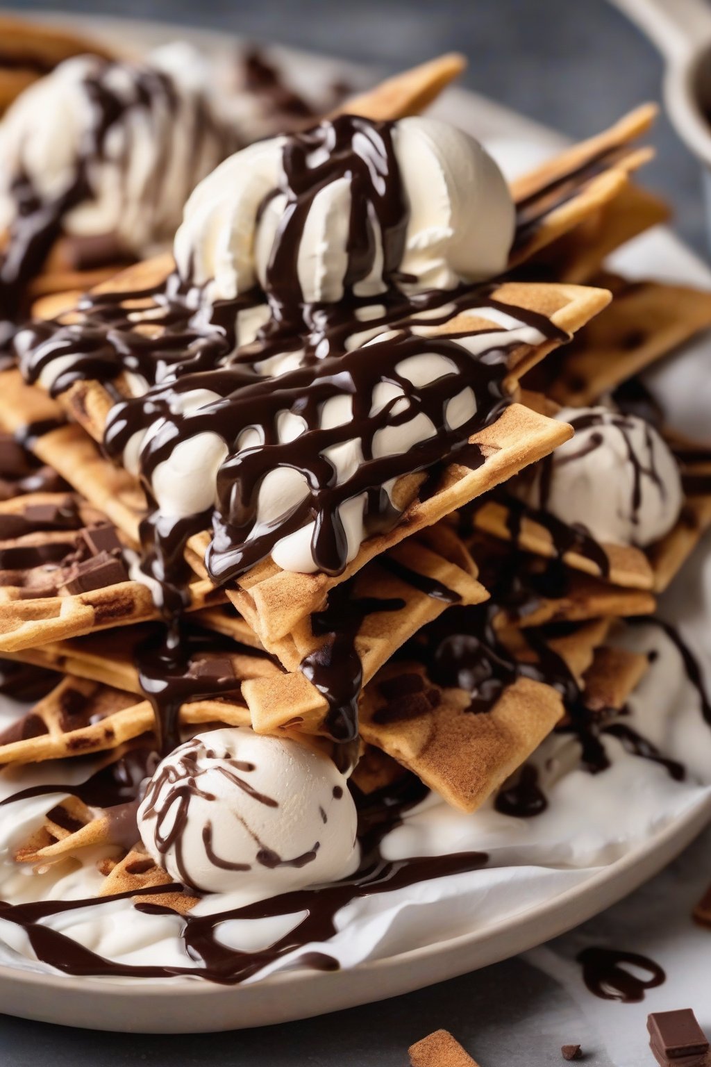 A close-up photo of dessert cinnamon nachos with ice cream and chocolate drizzle under soft lighting.