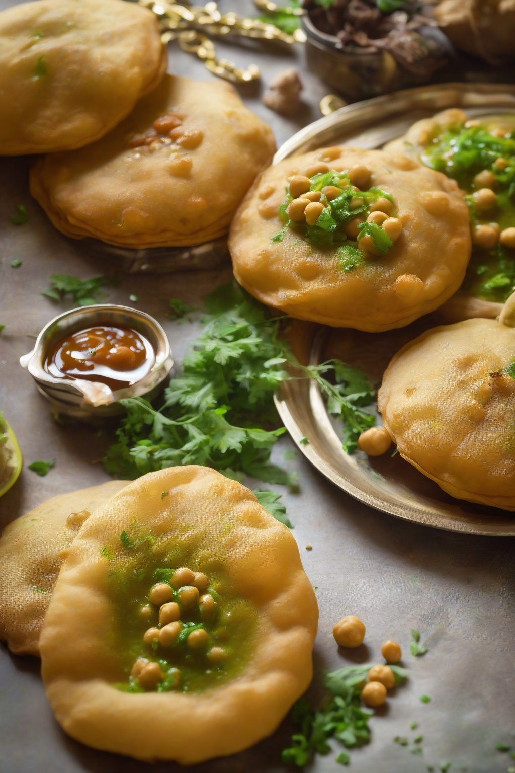 A high-resolution photo of golden pani puris filled with chickpeas and potatoes, dripping with vibrant green and tamarind pani, under soft lighting.