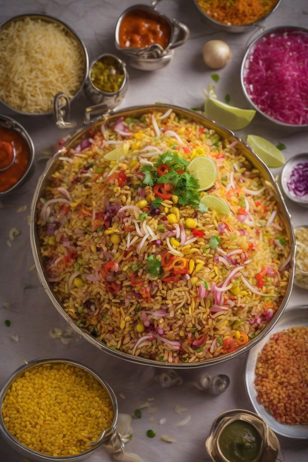 A high-resolution photo of colorful bhel puri piled high with sev, onions, and chutneys glistening under soft lighting.