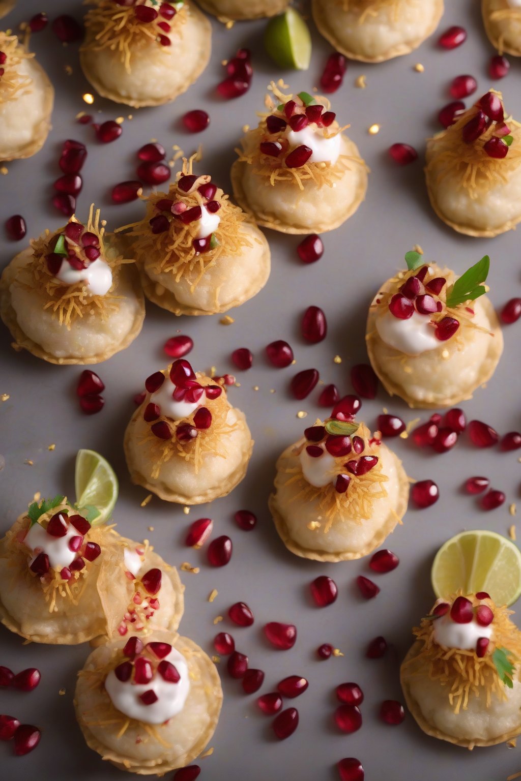 A high-resolution photo of sev puri stacks topped with yogurt swirls and pomegranate jewels under soft lighting.