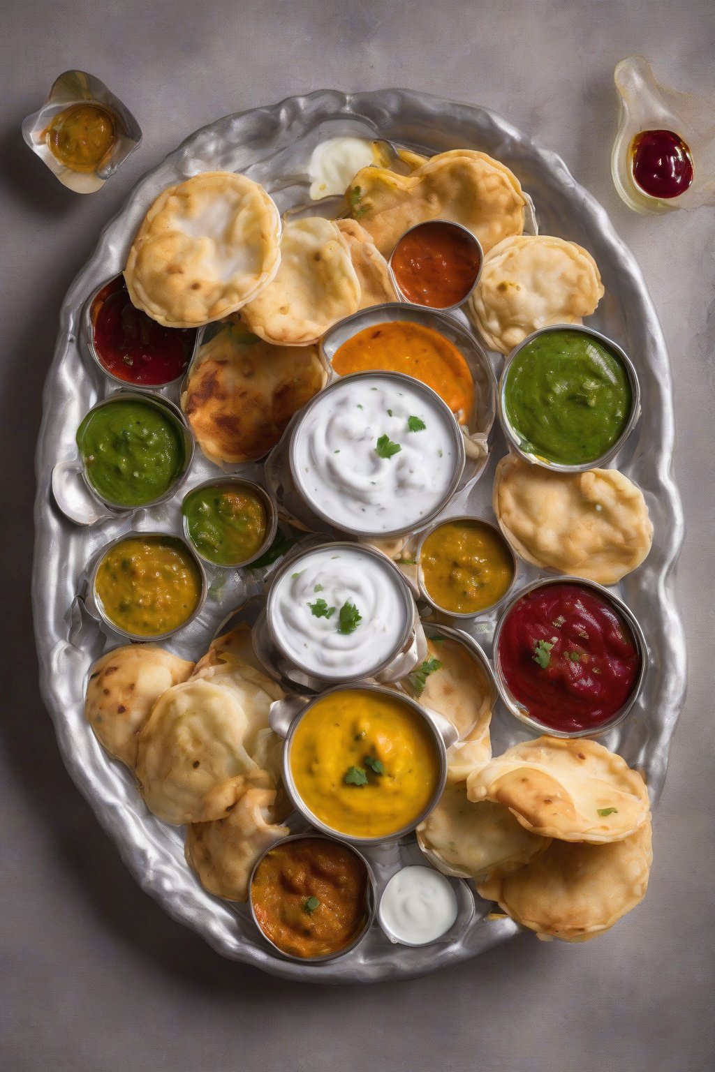 A high-resolution photo of dahi puris overflowing with creamy yogurt and colorful chutneys under soft lighting.