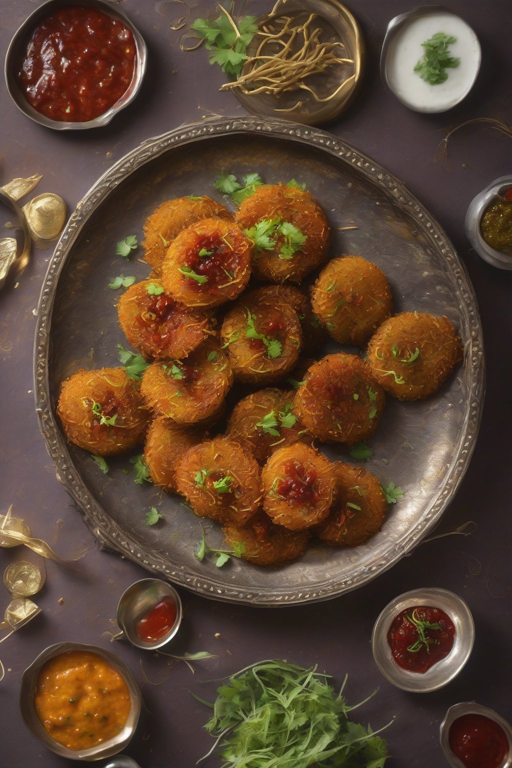 A high-resolution photo of crispy aloo tikki smothered in chutneys and sev under soft lighting.