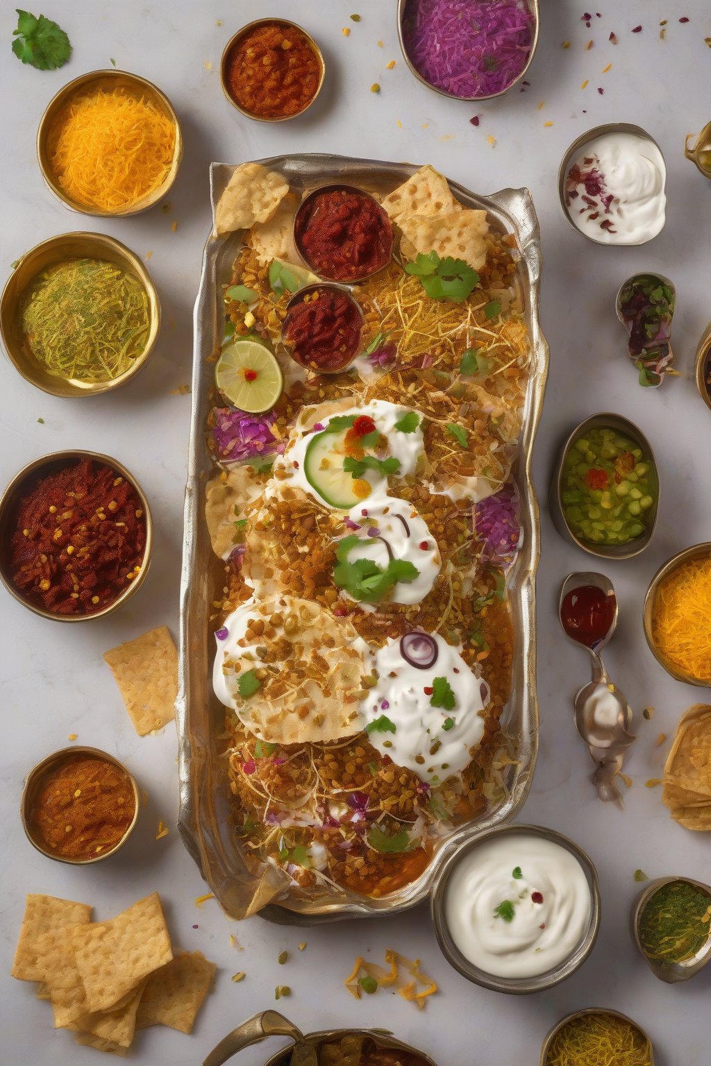 A high-resolution photo of papdi chaat with multiple layers of yogurt, chutneys, and crunchy sev under soft lighting.