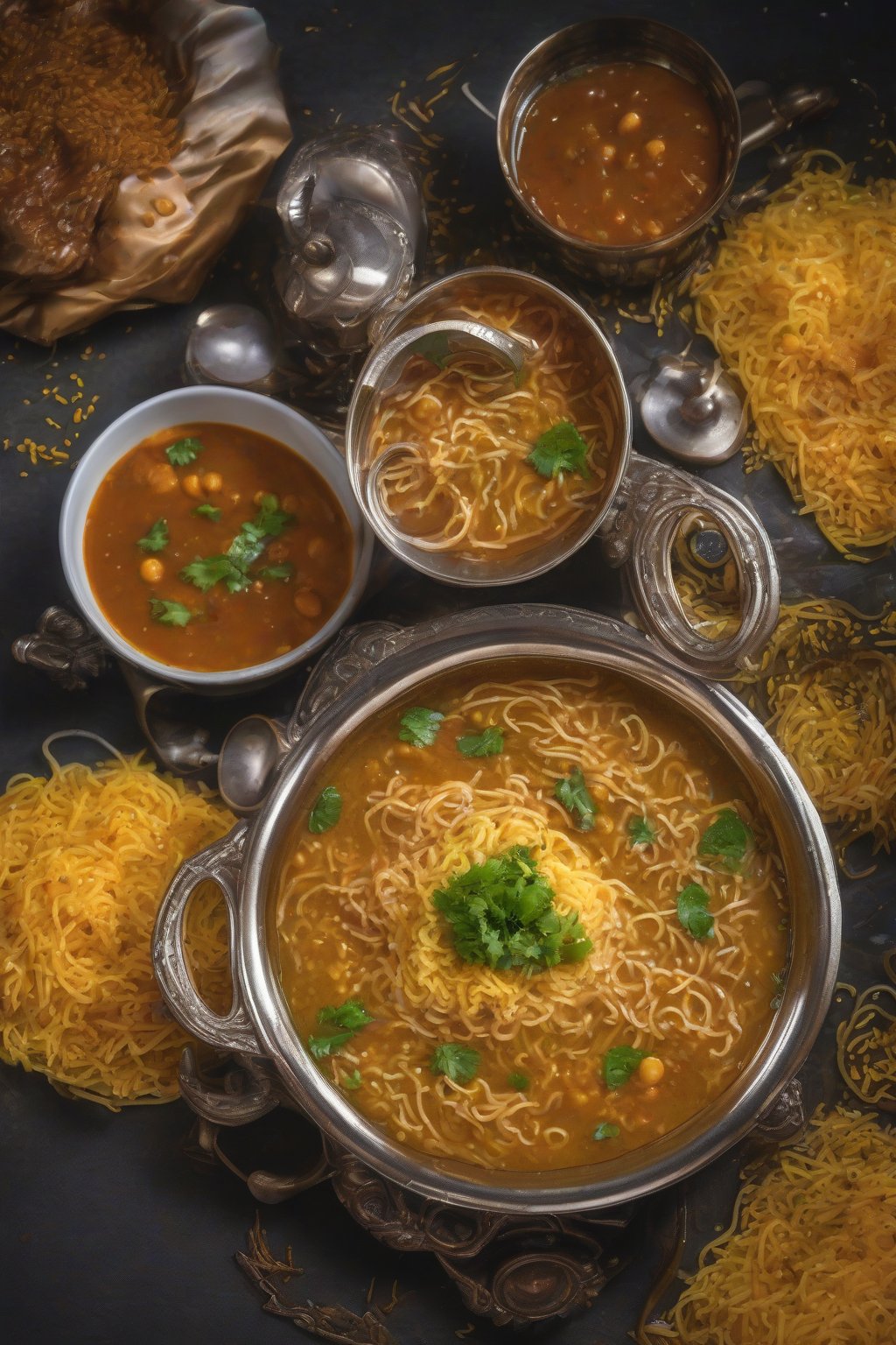A high-resolution photo of ragda pattice bubbling with gravy and sev toppings under soft lighting.