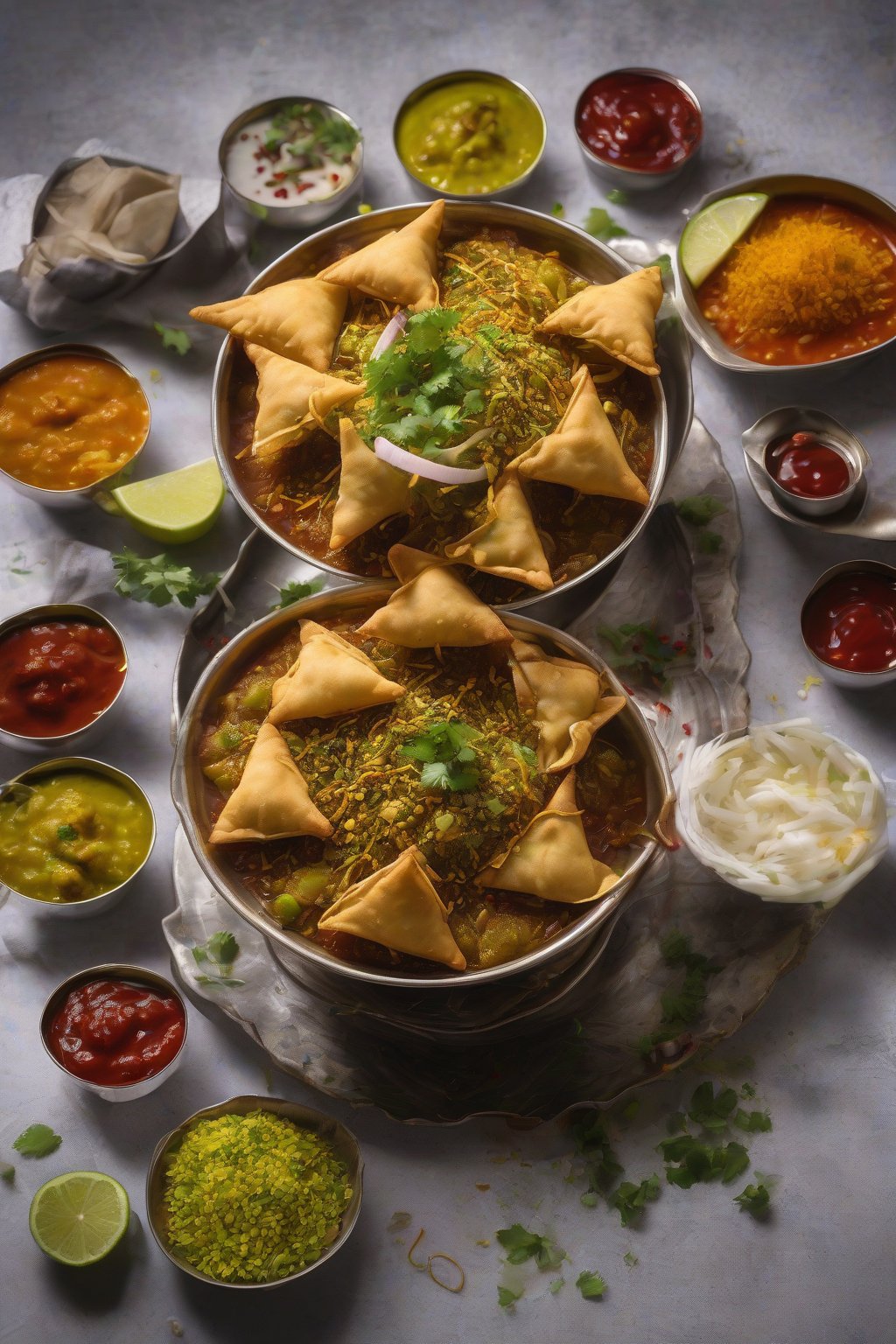 A high-resolution photo of crushed samosa chaat drenched in chutneys and sev under soft lighting.