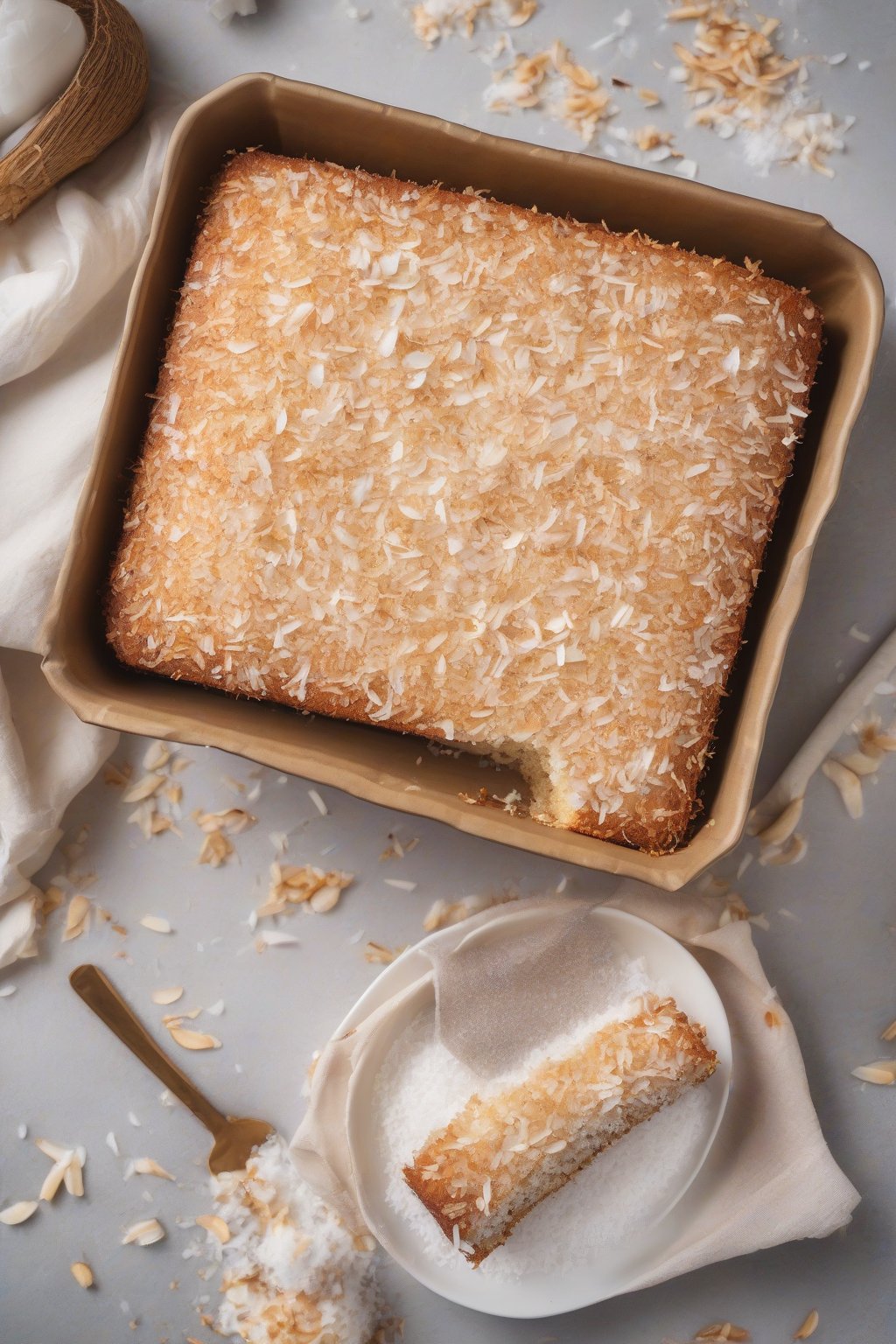 A high-resolution close-up photo of coconut moist banana cake dusted with powdered sugar, toasted coconut flakes on top, under soft lighting.
