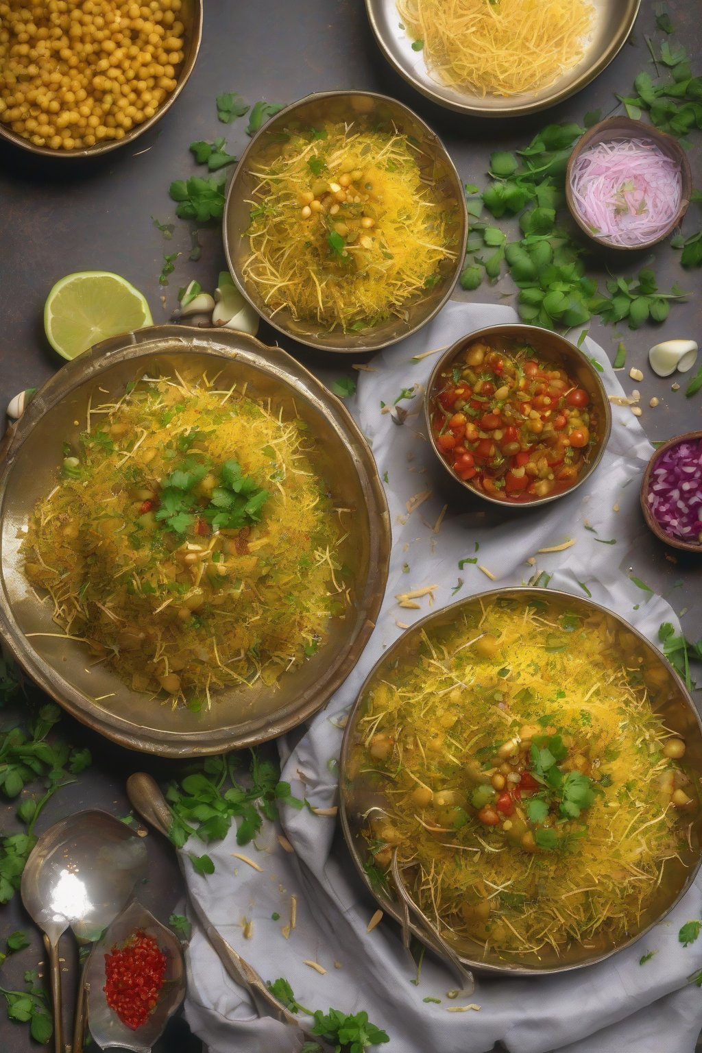 A high-resolution photo of golden aloo chaat sprinkled with sev and fresh herbs under soft lighting.