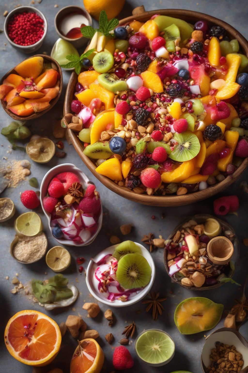 A high-resolution photo of vibrant fruit chaat with juicy pieces and spice dusting under soft lighting.