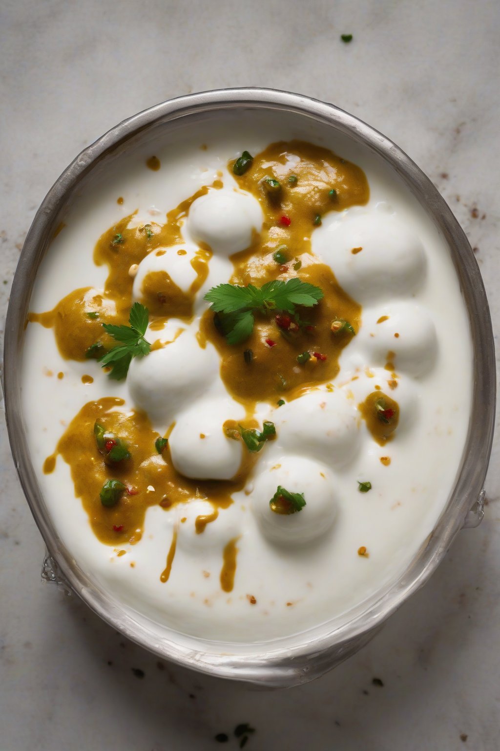 A high-resolution photo of dahi bhalla floating in yogurt with chutney drizzles under soft lighting.