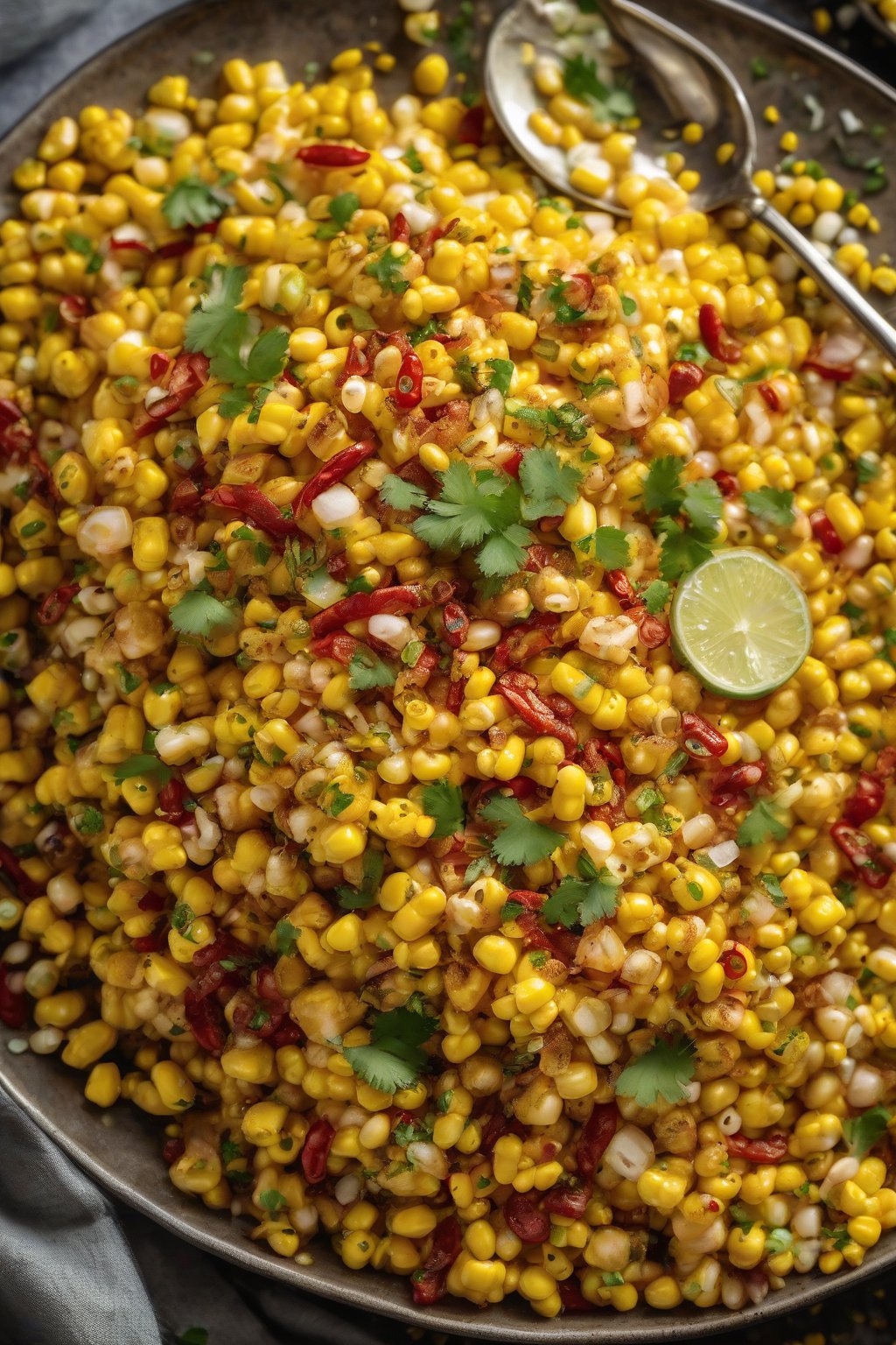 A high-resolution photo of buttery corn chaat with chili flecks and sev under soft lighting.