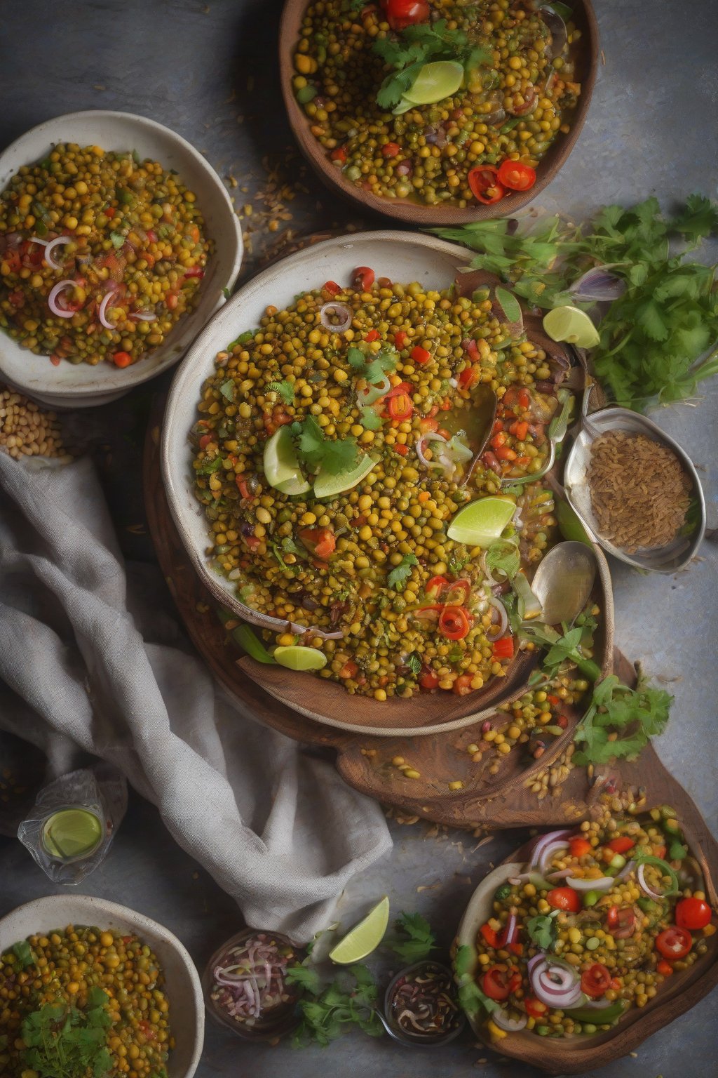A high-resolution photo of sprouted moong dal chaat with crisp veggies under soft lighting.