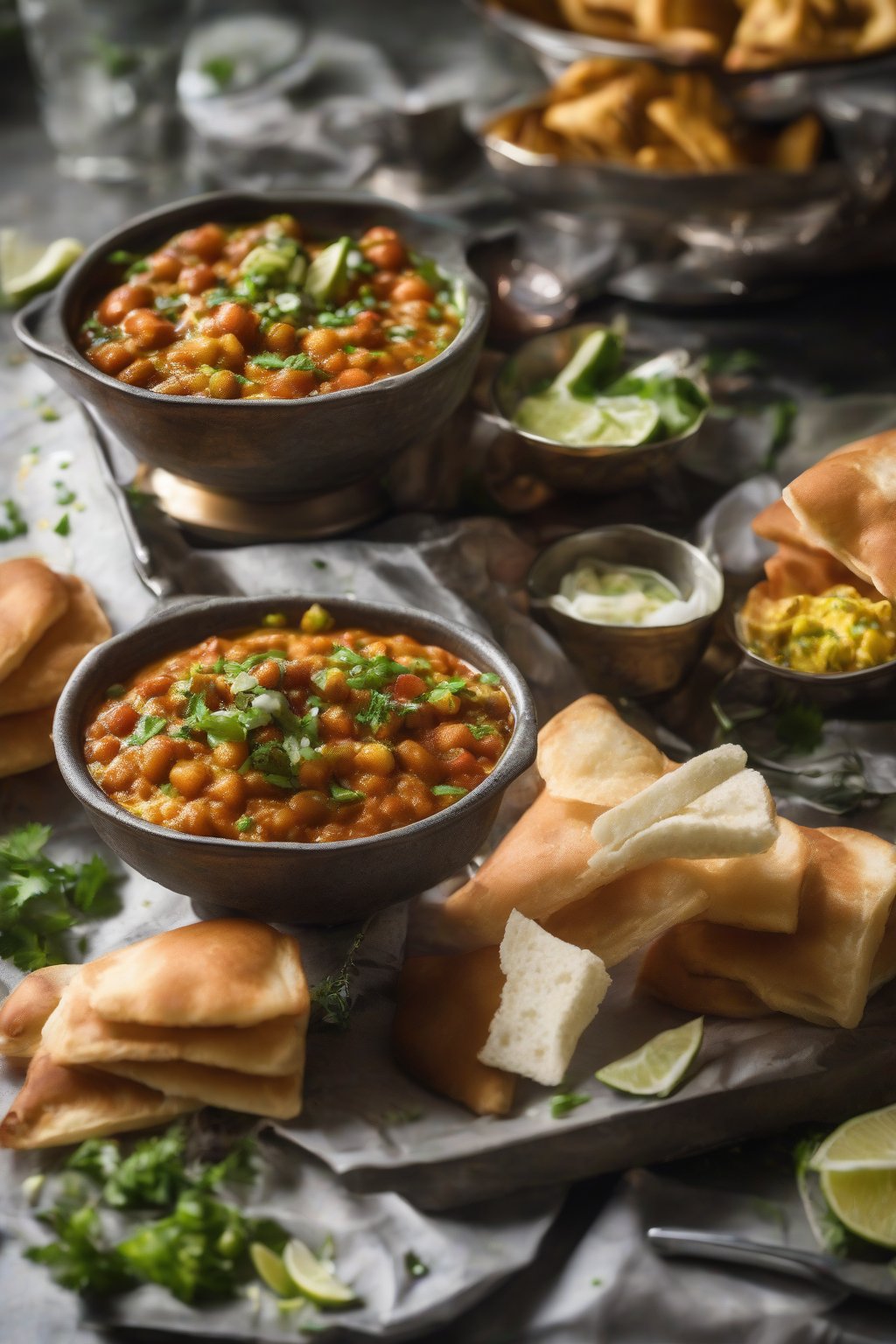 A high-resolution photo of pav bhaji chaat with spicy bhaji and butter melts under soft lighting.