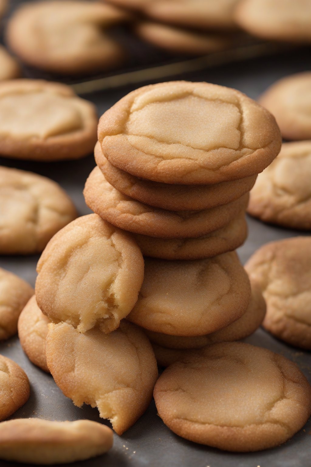 A high-resolution photo of brown butter soft snickerdoodles stacked with golden edges under soft lighting.