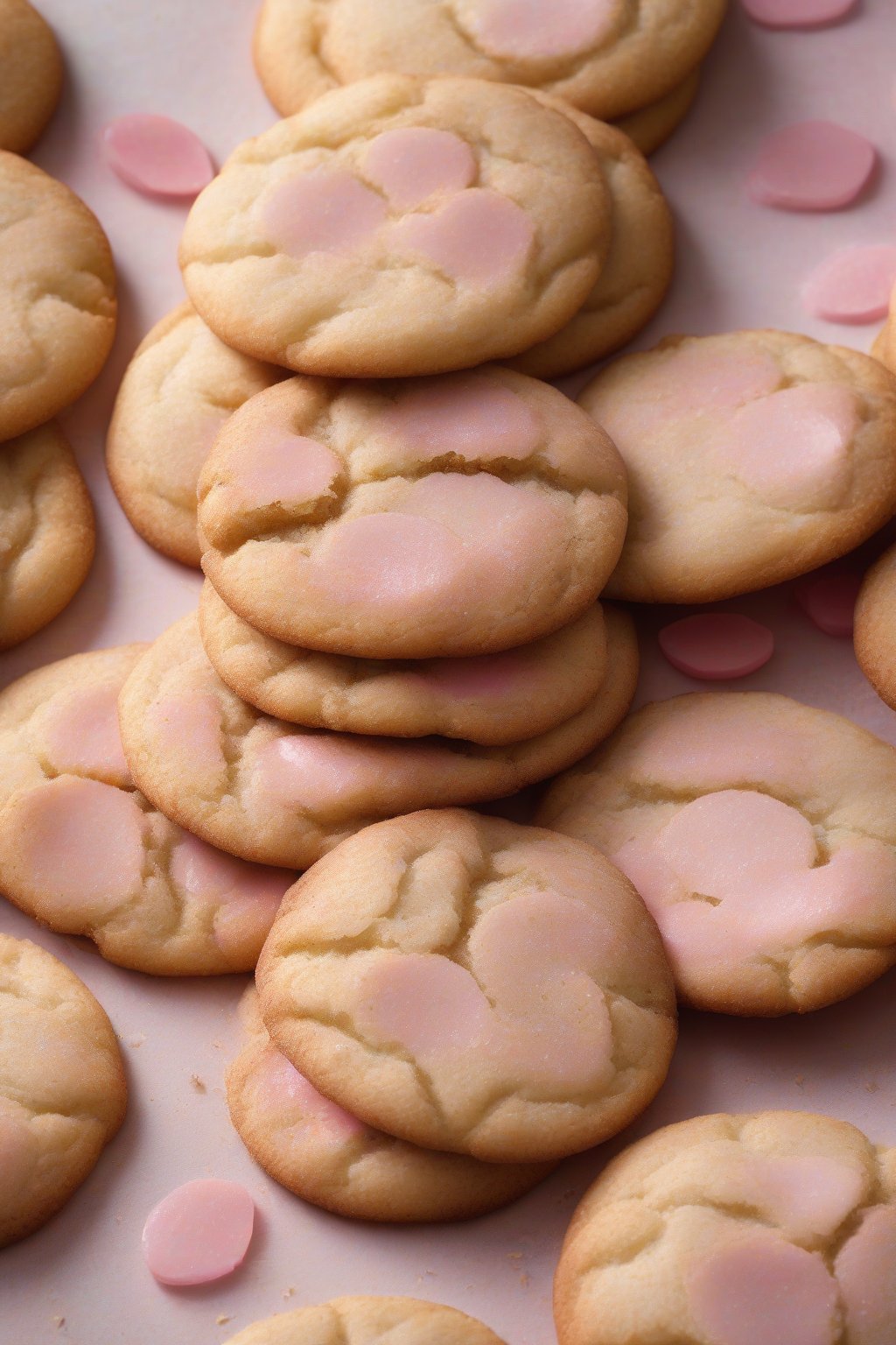 A high-resolution photo of almond soft snickerdoodles with subtle pink hue from coating under soft lighting.