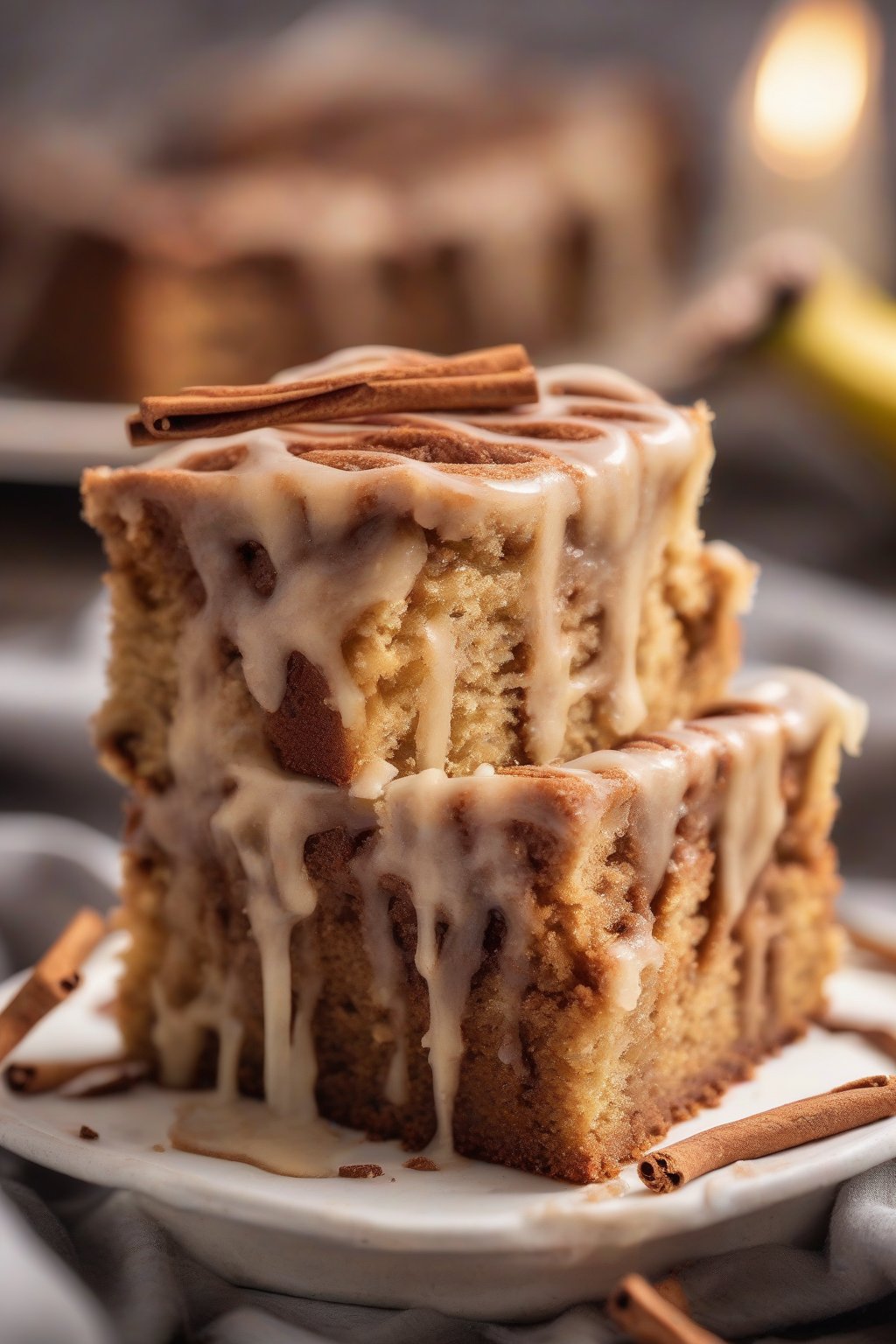 A high-resolution close-up photo of cinnamon swirl moist banana cake slice showing gooey cinnamon ribbons, under soft lighting.