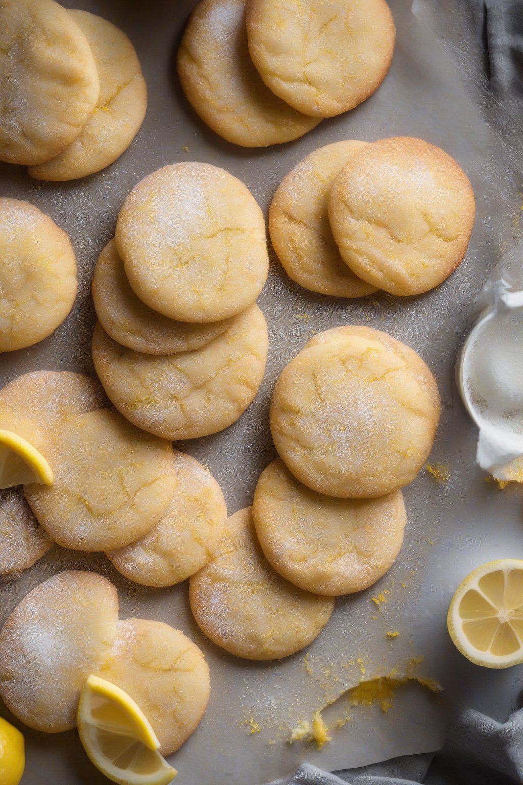 A high-resolution photo of lemon zest soft snickerdoodles dusted with sugar under soft lighting.