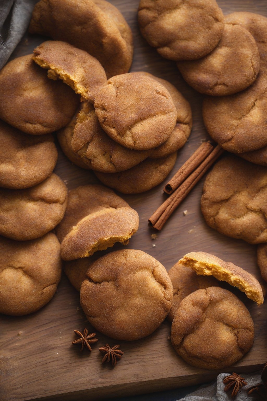 A high-resolution photo of pumpkin spice soft snickerdoodles on a wooden board under soft lighting.