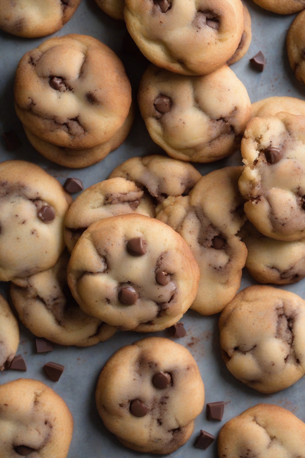 A high-resolution photo of chocolate chip soft snickerdoodles with gooey centers under soft lighting.
