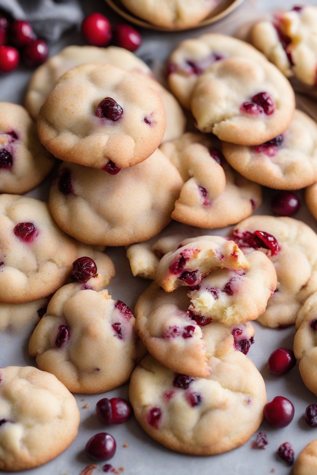 A high-resolution photo of white chocolate cranberry soft snickerdoodles scattered with berries under soft lighting.