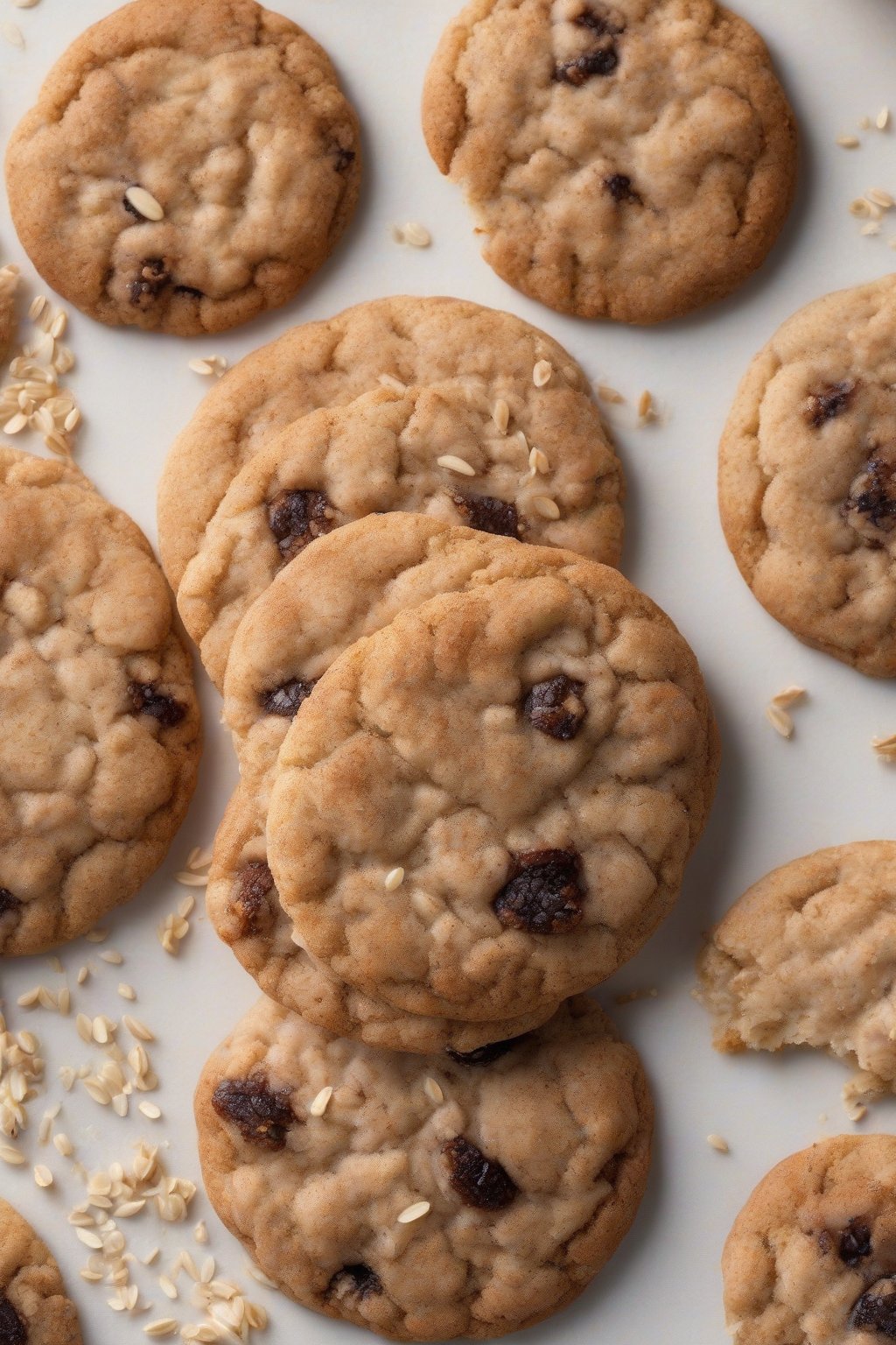 A high-resolution photo of oatmeal raisin soft snickerdoodles with oats visible under soft lighting.