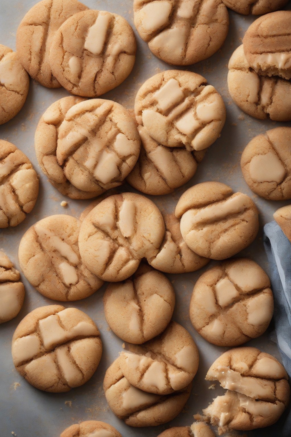 A high-resolution photo of peanut butter soft snickerdoodles with fork-tine patterns under soft lighting.