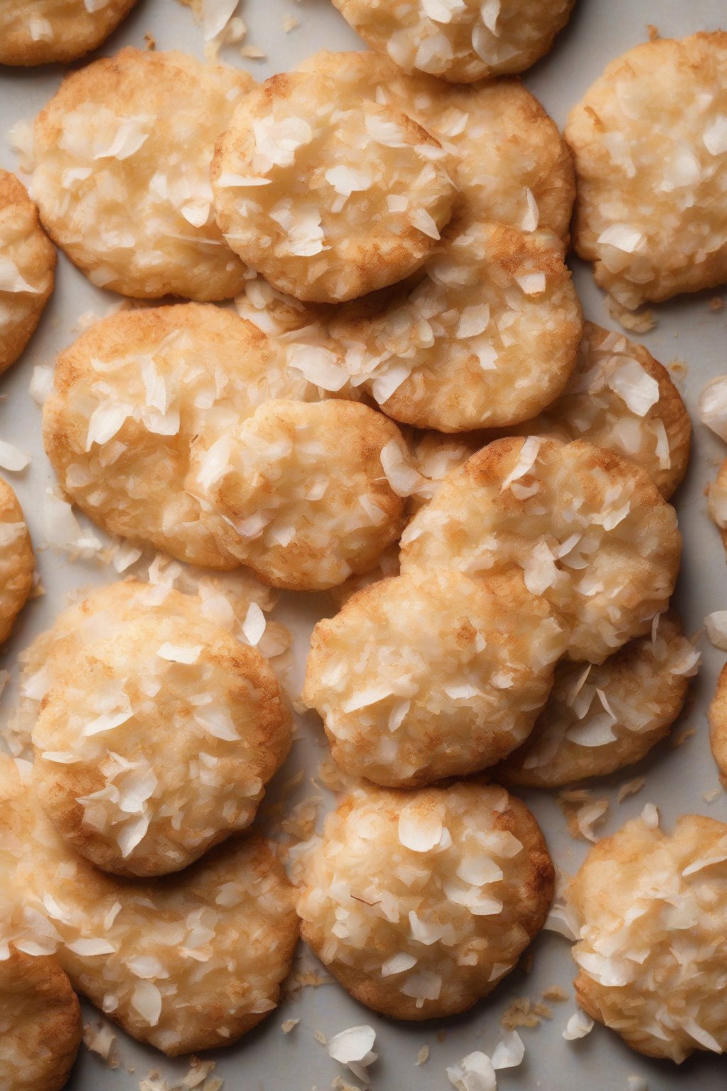 A high-resolution photo of coconut flake soft snickerdoodles topped with flakes under soft lighting.