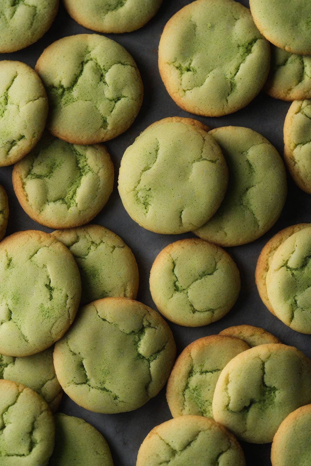 A high-resolution photo of matcha soft snickerdoodles with green hue under soft lighting.
